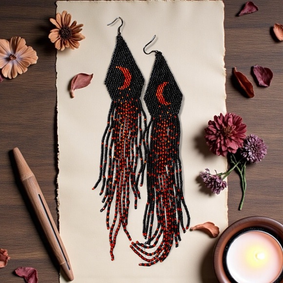 Hand Beaded Black/Red Extra Long Boho Crescent Moon Earrings - Picture 15 of 16